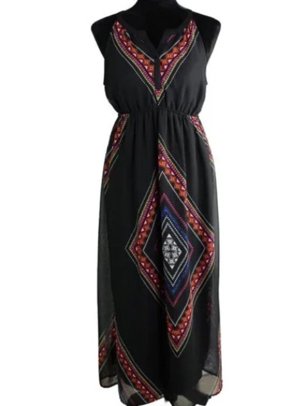 Old Navy Black Maxi Dress with Colorful Geometric Embroidery